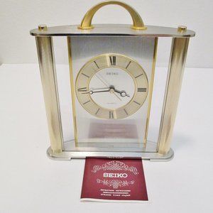 SEIKO Desk Shelf Mantel Clock Gold & Silver Quartz QQZ188G 10.5" tall from Japan